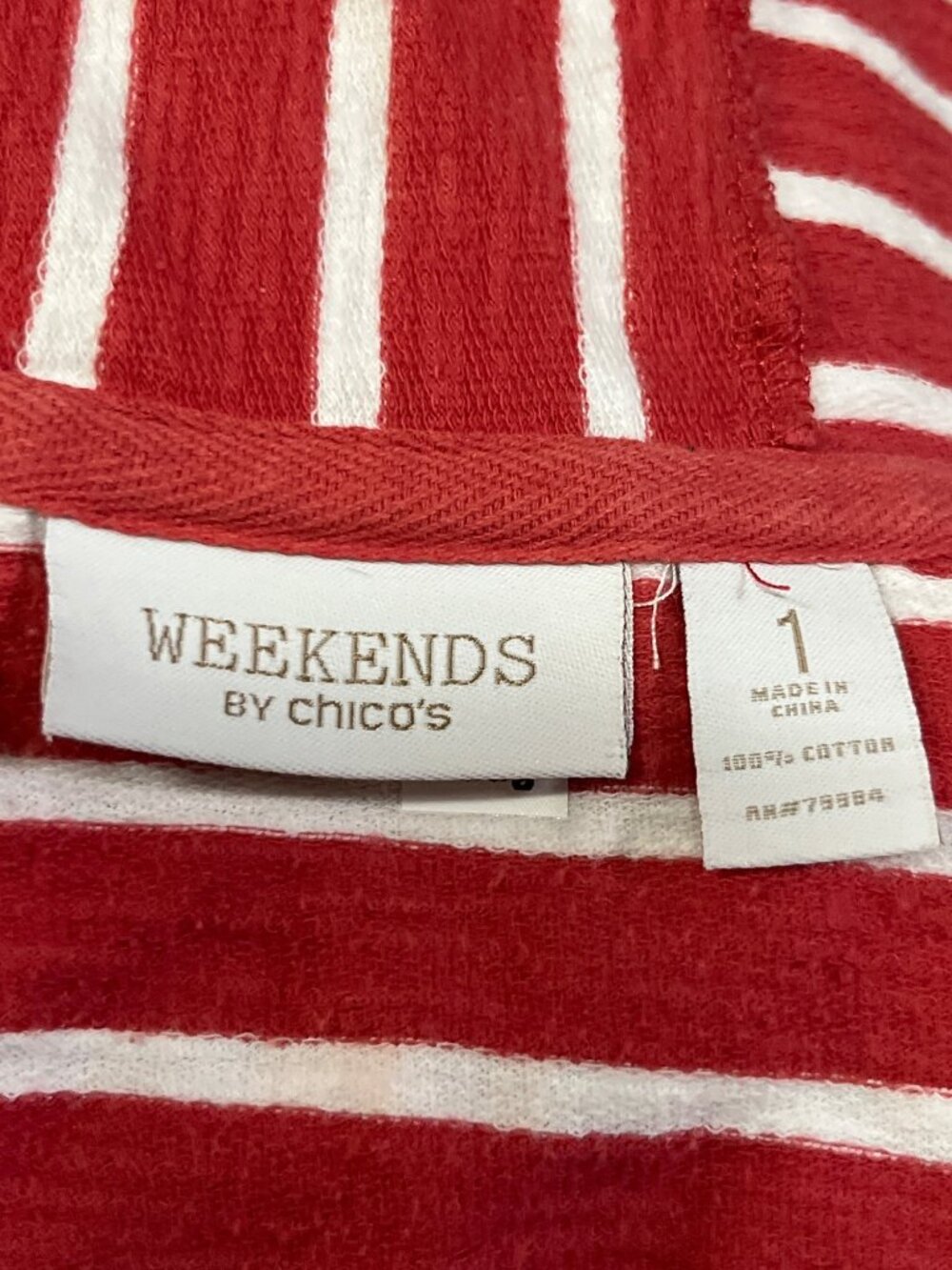 Chico’s Weekends Red Striped Hoodie Top Women’s 1 (M/8) Cotton Button Used - Picture 6 of 15